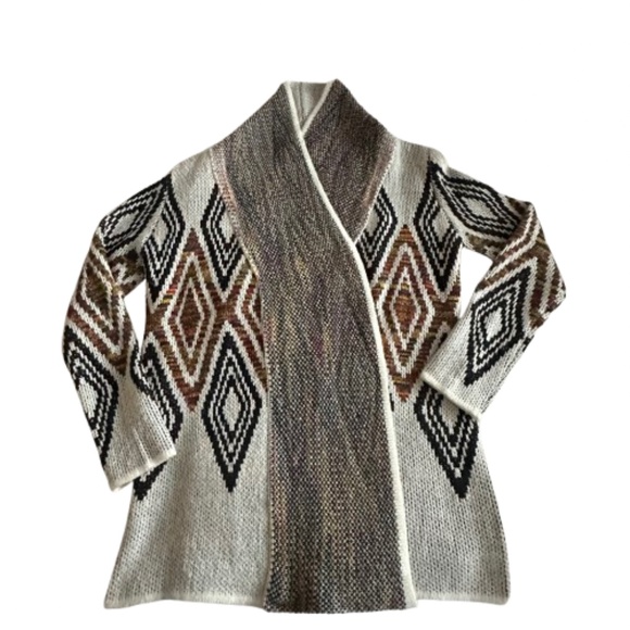 Woven Heart Women's L Tan & Brown Sleeved Boho Open Front Knit Cardigan Sweater - Picture 7 of 15